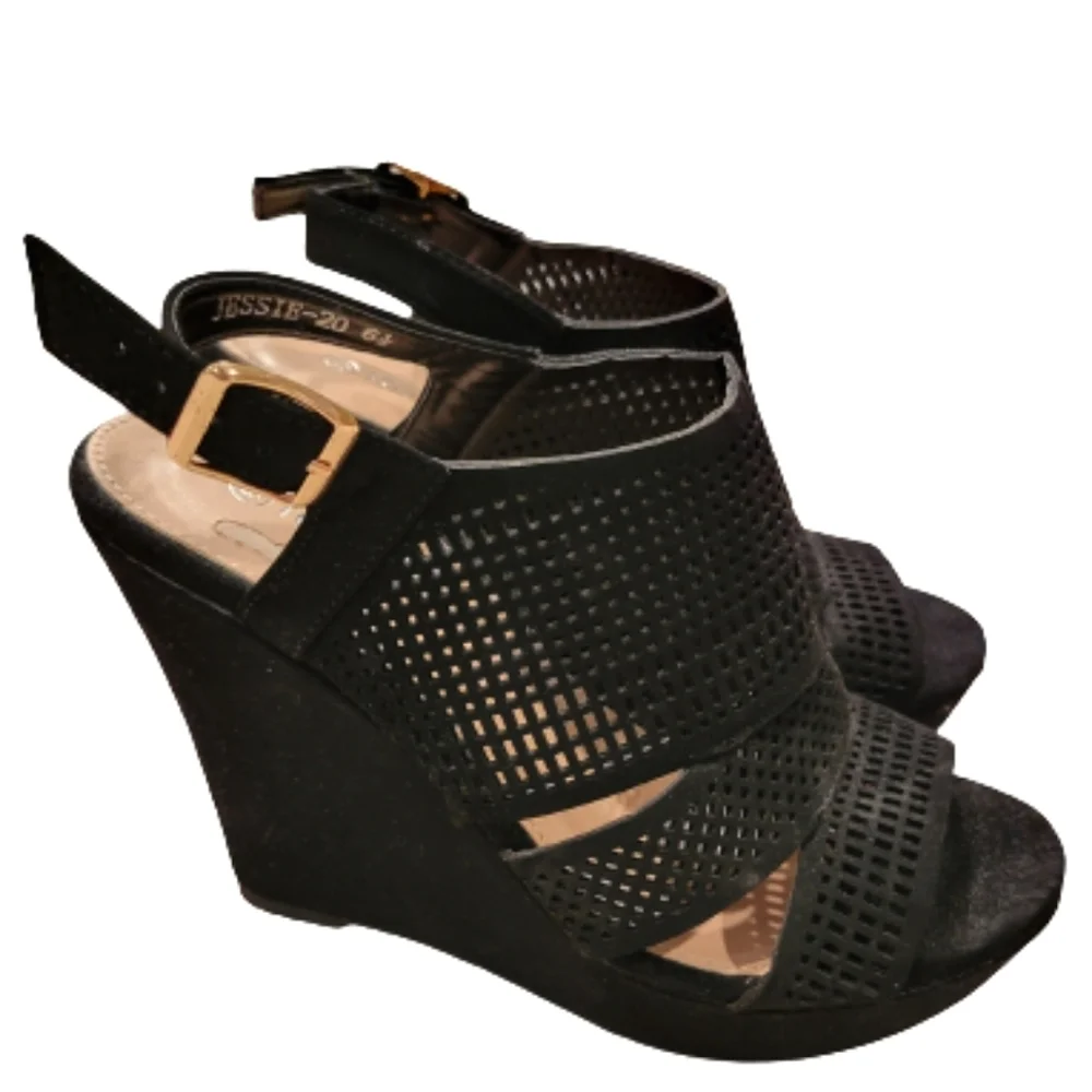 2/$18 Top Moda Black Suede Slingback Wedge Open Toe Heel 6.5 Buckle Open Back